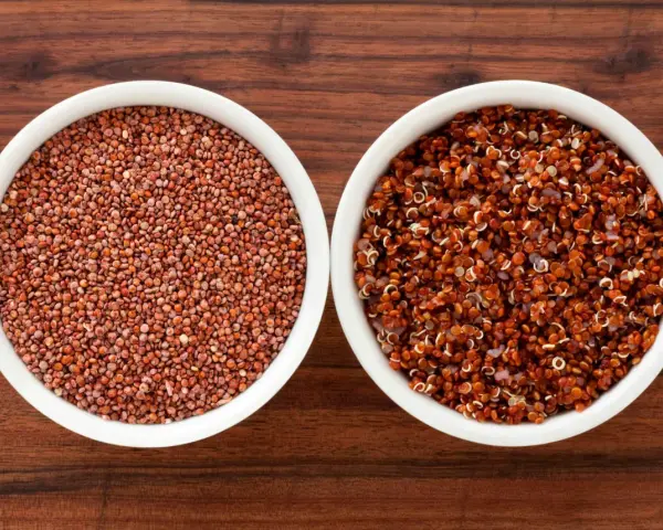 Två skålar med quinoa, en med råa frön och en med kokt. Quinoa nyttigt för en hälsosam kost.