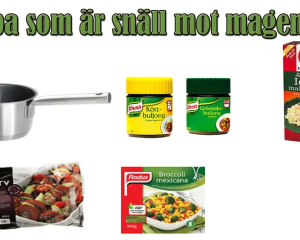 Kastrull, buljonger, makaroner och falukorv för magkatarr mat.