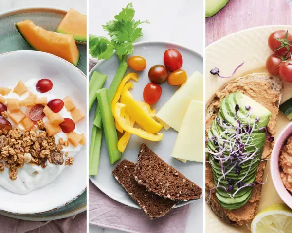 Frukost med yoghurt, frukt och granola. Mellanmål med grönsaker, ost och bröd. Smörgås med avokado och hummus. Inspiration för medelhavskost recept ICA.