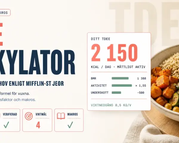 TDEE-kalkylator visar ett dagligt kaloriintag på 2150 kcal för måttligt aktiv. En hälsosam måltid med grönsaker och quinoa.