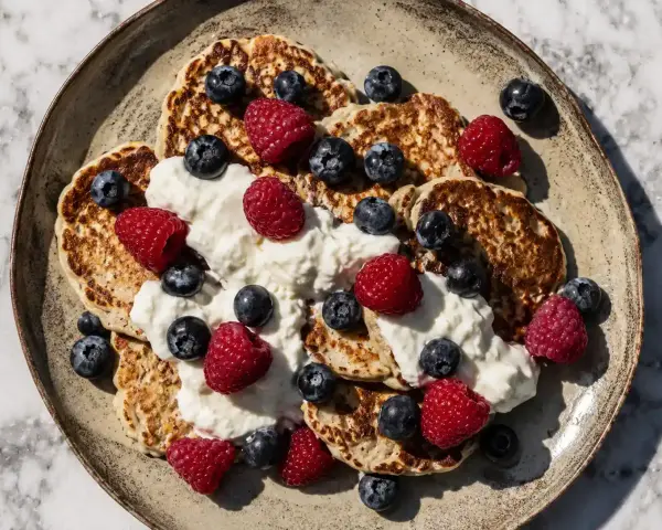Proteinpannkakor recept: fluffiga pannkakor toppade med grädde, hallon och blåbär. En perfekt start på dagen!