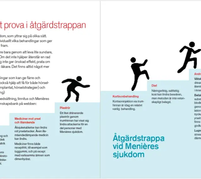 Åtgärder vid Menières sjukdom: livsstil, mediciner, plaströr, kortison, diet, andra mediciner och Gentamycin.