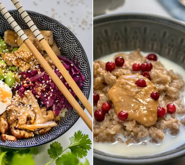 Två skålar med fiberrik mat: en poké bowl med tofu, edamame och ägg, samt gröt med lingon och jordnötssmör.
