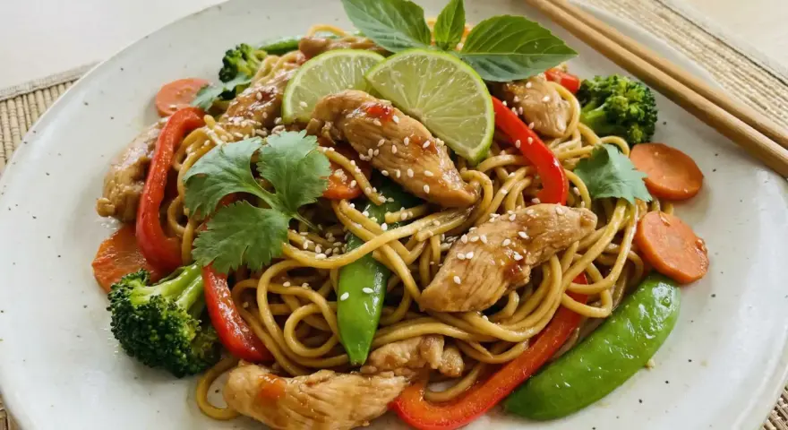 En läcker kycklingwok med vitkål, nudlar, broccoli, morötter, paprika och sockerärtor, toppad med sesamfrön och lime.
