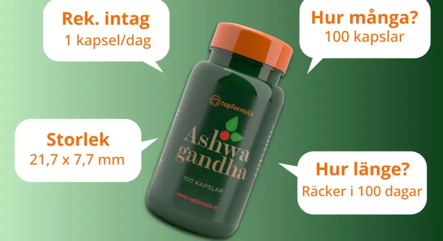 En flaska Ashwagandha med 100 kapslar. Rekommenderat intag är 1 kapsel/dag, vilket räcker i 100 dagar. Frågan "hur mycket ashwagandha per dag" besvaras med 1 kapsel.