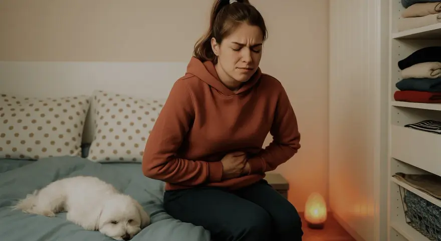 En ung kvinna sitter på sängen med ett **sug i magen**, hennes lilla vita hund vilar bredvid.