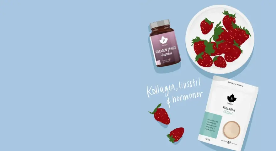Kollagen, livsstil & hormoner. Pureness Kollagen Beauty-kapslar och kollagenpulver, med jordgubbar. Vad innehåller kollagen? Detta är ett kosttillskott för hud, hår och naglar.