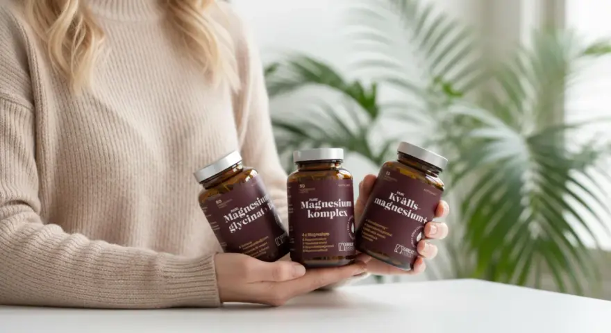 Person håller tre burkar magnesiumtillskott. Kan hjälpa mot bland annat magnesium illamående.
