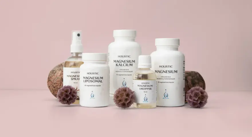 Flera produkter från Holistic, inklusive magnesiumolja, med fokus på att undvika magnesiumolja biverkningar.