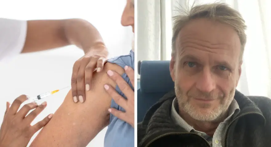 En person får ett mrna vaccin i armen. Till höger en man som ler mot kameran.