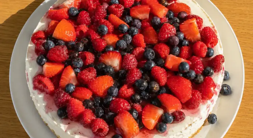 En vacker och nyttig cheesecake toppad med färska jordgubbar, hallon och blåbär. En härlig sommardessert!