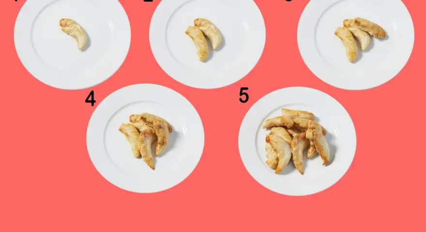 Fem tallrikar med ökande mängd kycklingbitar, från en till flera. En visuell guide för att förstå kyckling kalorier i olika portionsstorlekar.
