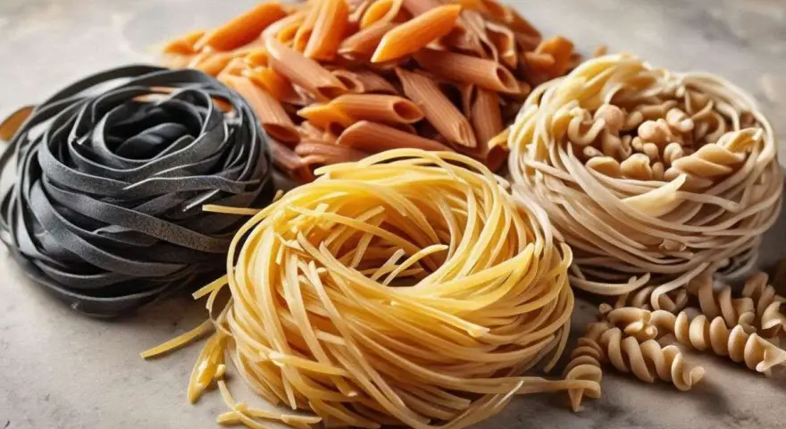 En hög med olika sorters pasta: svarta tagliatelle, gyllene tagliatelle, penne och fusilli. En härlig blandning som visar vad som kan finnas i pasta.