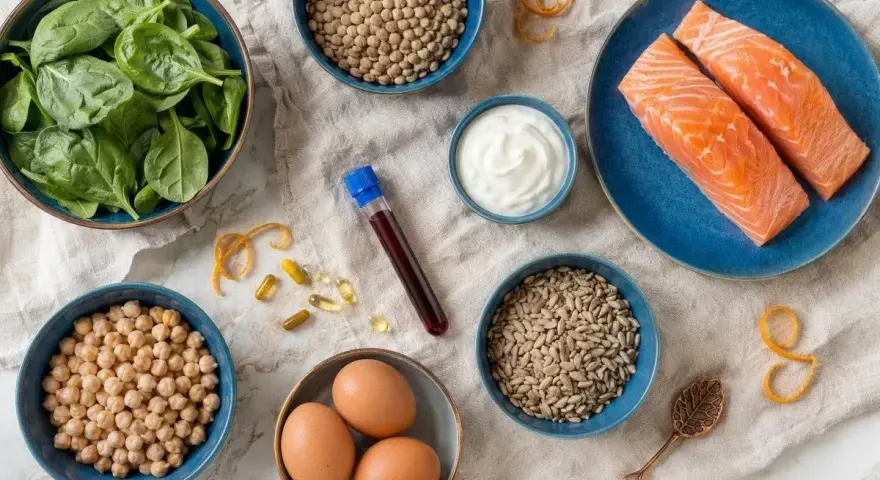Mat som lax, ägg, spenat och solrosfrön kan hjälpa mot b-vitamin brist symptom.