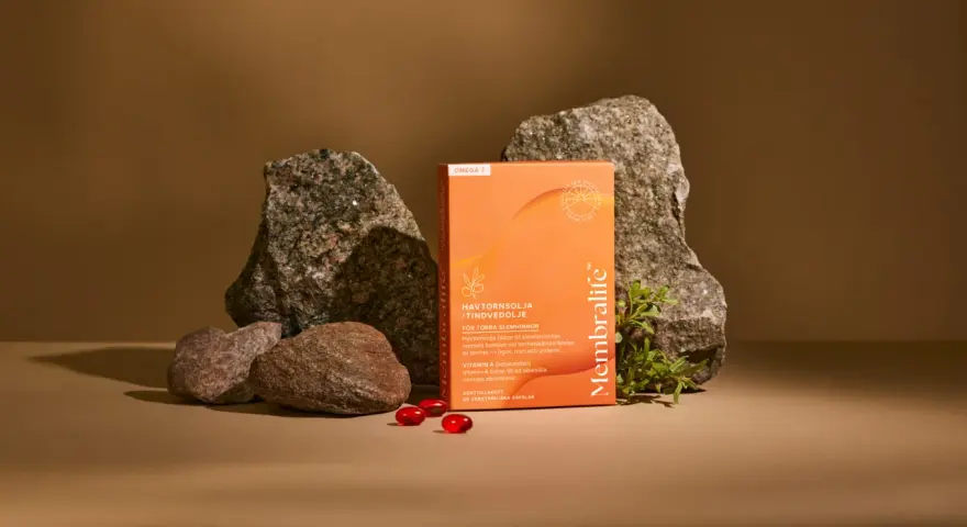 Havtornsolja för underlivet, i en förpackning med Omega 7. Naturlig hjälp för torra slemhinnor.