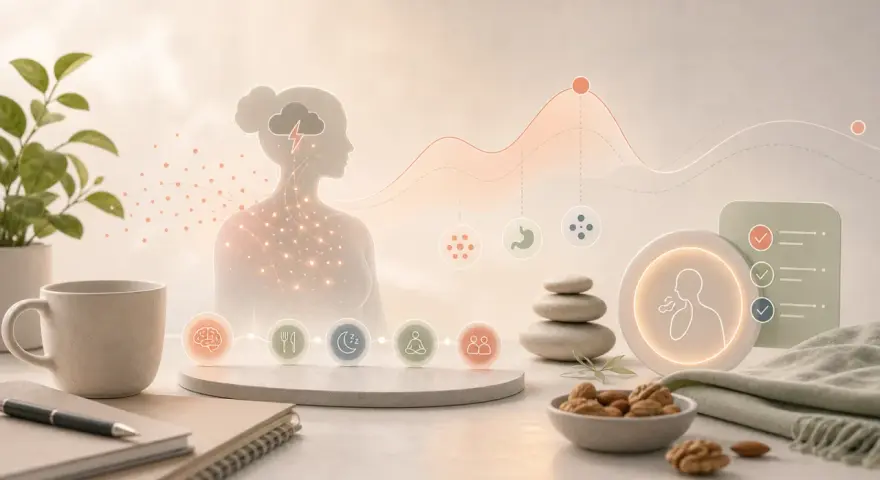 Grafisk illustration som visar hur stress kan påverka kroppen, med symboler för hjärna, sömn, mat och relationer. Kan leda till att man **går upp i vikt av stress**.