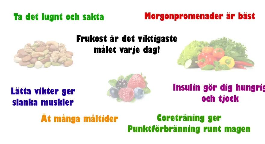Tips för att gå ner i vikt: frukost är viktigast, ät ofta, träna och ta det lugnt.