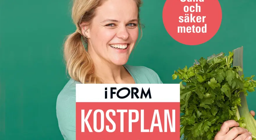 Glad kvinna med färska grönsaker, redo för en gratis kostschema gå ner i vikt. "Sund och säker metod" står det i en röd cirkel.