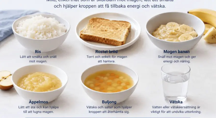 Här är en huskur mot illamående: skonsam mat som ris, rostat bröd, banan, äppelmos och buljong.