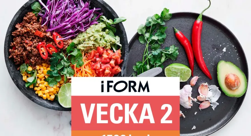 En färgstark bowl med köttfärs, majs, rödkål, tomat, avokado och lime. Text: "iFORM VEcka 2 1500 kcal".