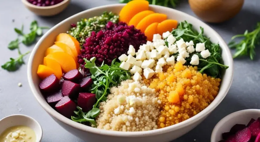 En färgstark bowl med quinoa, rödbetor, aprikoser, fetaost och gröna blad. En näringsrik måltid rik på quinoa kolhydrater.