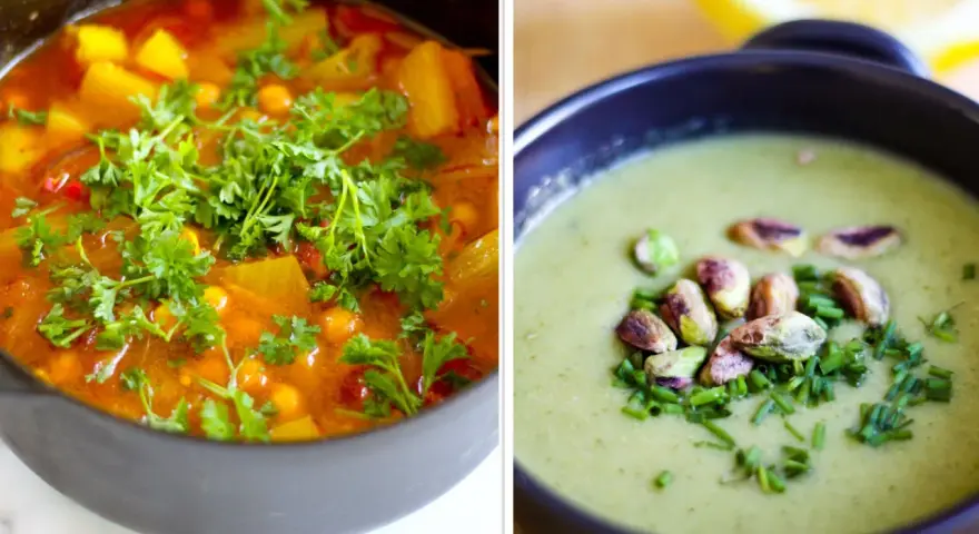 Två läckra vegetariska soppor, en mustig gryta med kikärtor och grönsaker, och en krämig grön soppa med pistagenötter. Perfekt för att gå ner i vikt vegetarian.