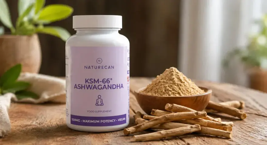 Flaska med KSM-66 Ashwagandha, pulver och rötter. Studier visar på ashwagandhas positiva effekter.