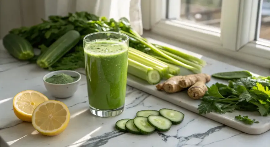 Grönt, uppfriskande juiceglas med gurka, selleri, citron och ingefära. Ingredienser för en naturlig detox för en rena levern naturligt.