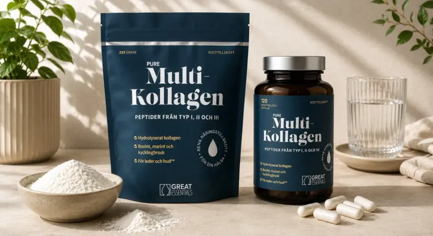 Pure Multi-Kollagen med peptider från typ I, II och III. Innehåller hydrolyserat kollagen från nöt, fisk och kycklingbrosk för leder och hud. Kollagen typ 3 är en viktig del.