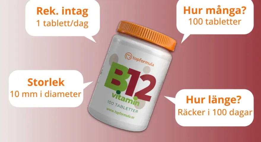 Flaska med B12-vitamin. Rekommenderat intag är 1 tablett/dag, vilket ger svar på hur mycket b12 per dag. 100 tabletter räcker i 100 dagar.