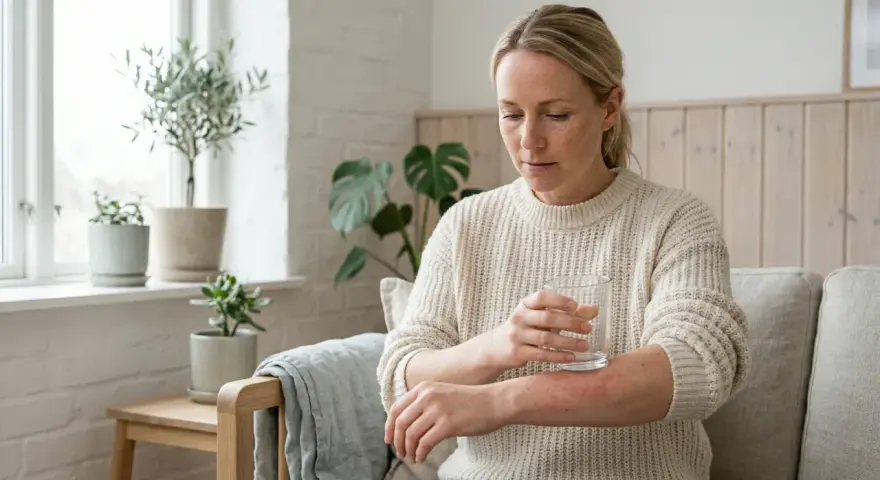 Kvinna med utslag på armen, som kan vara ett av sepsis symtom, håller ett glas vatten.