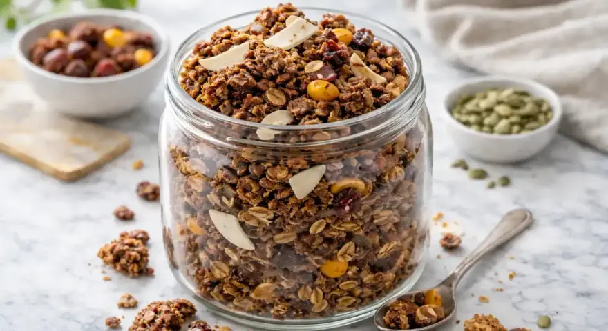En burk fylld med hemmagjord crunchy granola, med nötter, frön och torkad frukt. En sked med granola ligger bredvid.