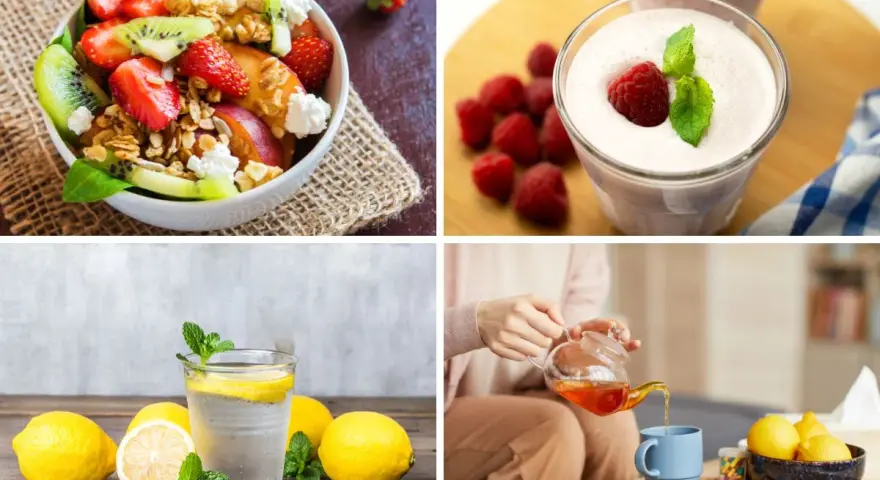 Frukostskål med bär och nötter, smoothie, citronvatten och te. Hälsosamma val för att minska sockersug.