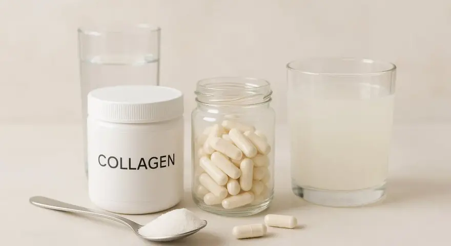 En burk med kollagenpulver, en sked med pulver, en burk med kollagenkapslar och ett glas med kollagendryck. Allt för en stark mage.