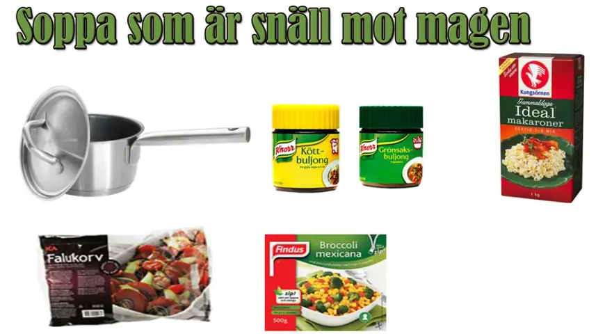 Kastrull, buljonger, makaroner och falukorv för magkatarr mat.