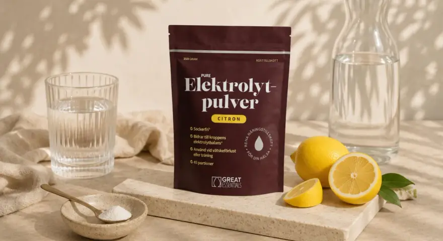 En påse elektrolytpulver med citron, bredvid färska citroner, ett glas vatten och en skål med pulver. Perfekt för att motverka elektrolytbrist.