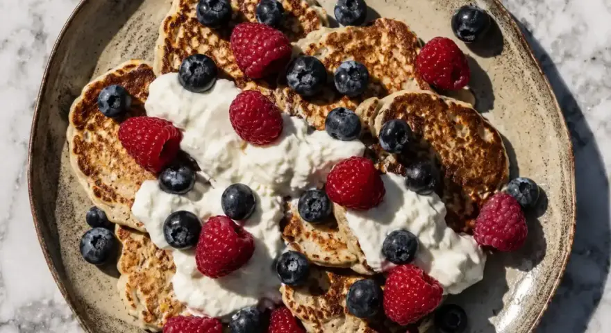 Proteinpannkakor recept: fluffiga pannkakor toppade med grädde, hallon och blåbär. En perfekt start på dagen!