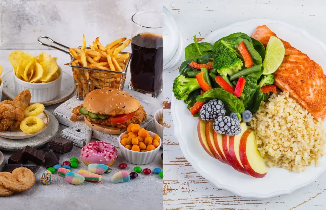 Vänster sida visar en mängd ultraprocessad mat som pommes frites, hamburgare och godis. Höger sida visar en hälsosam måltid med lax, grönsaker och ris.