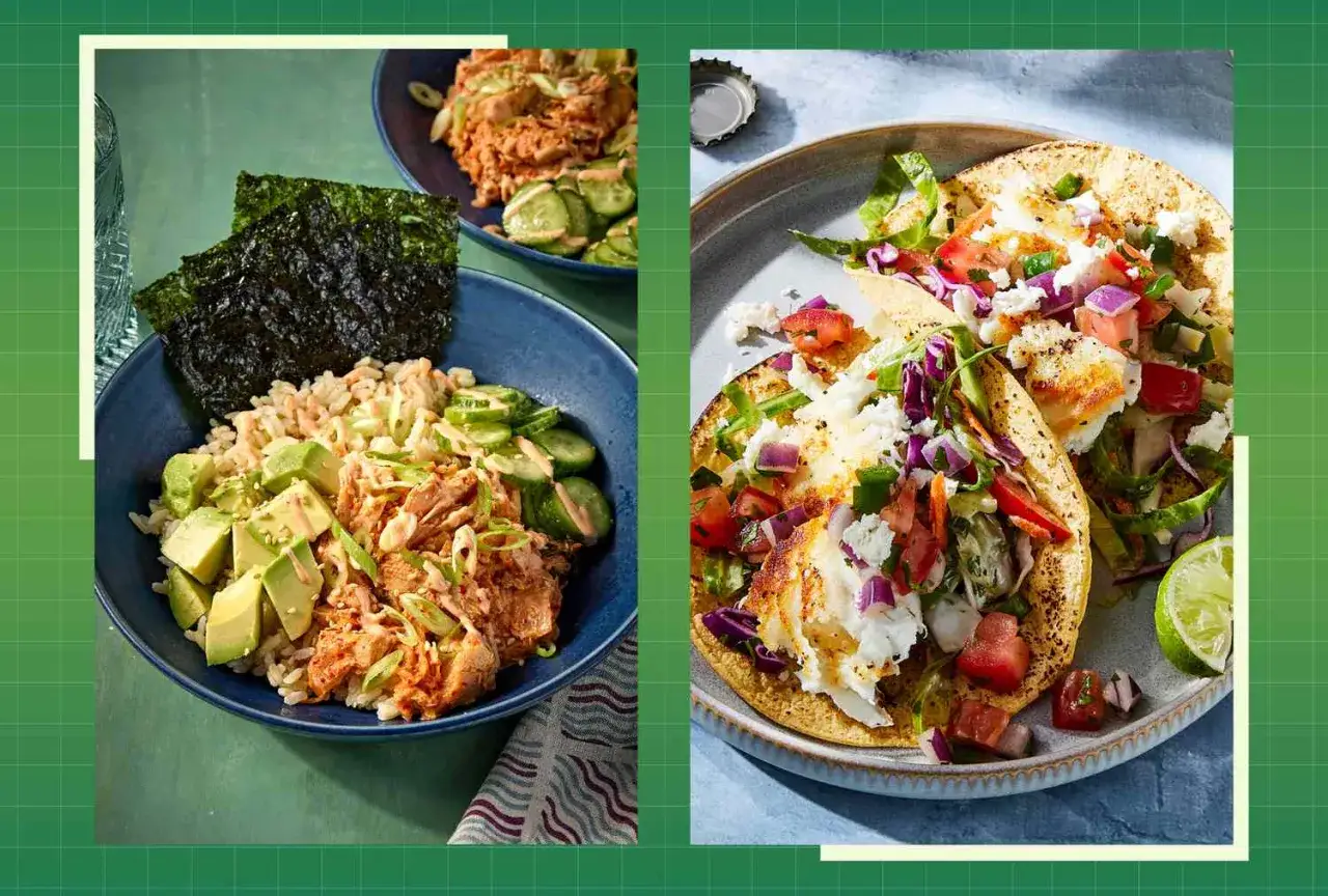 En sk&aring;l med ris, avokado, gurka och lax, samt fisk-tacos. Perfekt f&ouml;r dig som undrar hur g&aring;r man ner i vikt snabbt med god mat.