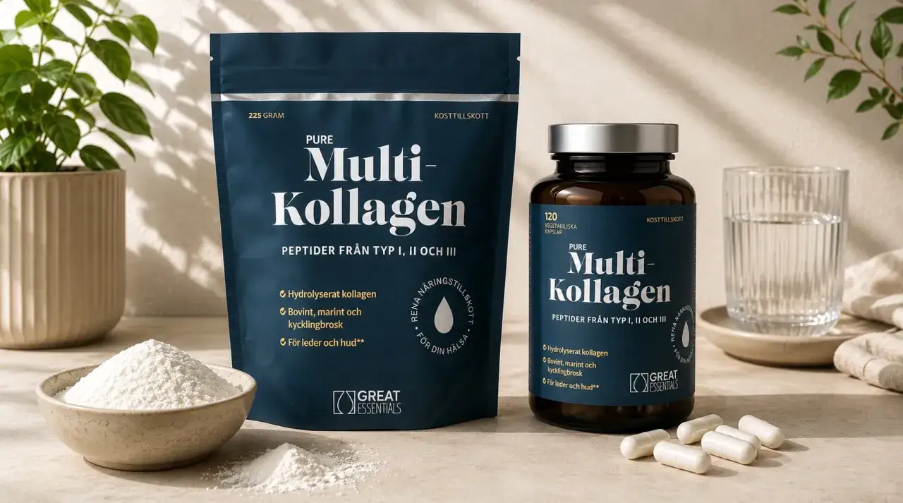 Pure Multi-Kollagen med peptider fr&aring;n typ I, II och III. Inneh&aring;ller hydrolyserat kollagen fr&aring;n n&ouml;t, fisk och kycklingbrosk, bra f&ouml;r leder och hud. Kollagen typ 3 &auml;r en viktig del.