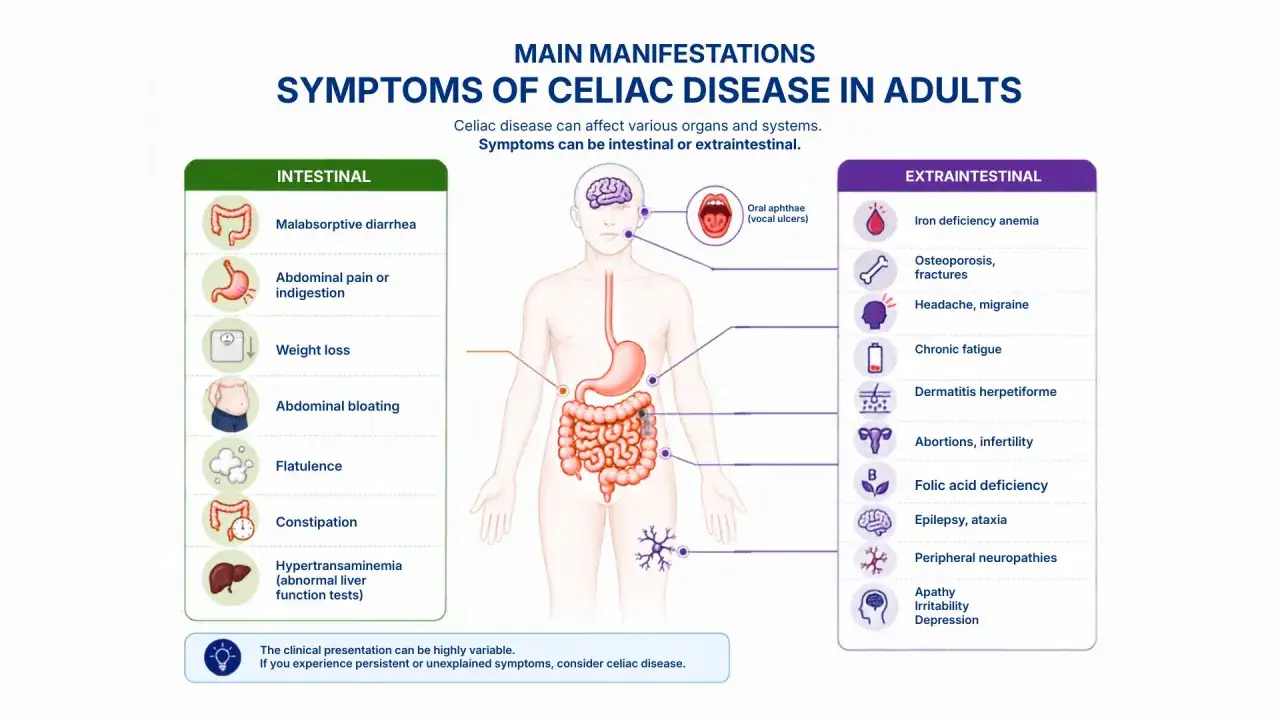 Illustration visar symtom på celiaki, både intestinala som magsmärtor och förstoppning, och extraintestinala som anemi och trötthet. Vissa upplever tyst celiaki symptom.