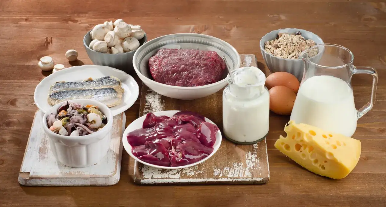 En bild med mat som inneh&aring;ller B12: k&ouml;tt, lever, fisk, skaldjur, &auml;gg, mejeriprodukter och svamp. Hur mycket b12 per dag?