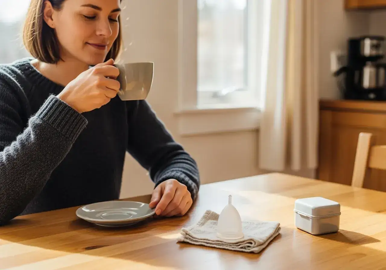 En kvinna dricker kaffe vid ett tr&auml;bord. Bredvid henne ligger en menskopp och ett litet f&ouml;rvaringsetui.