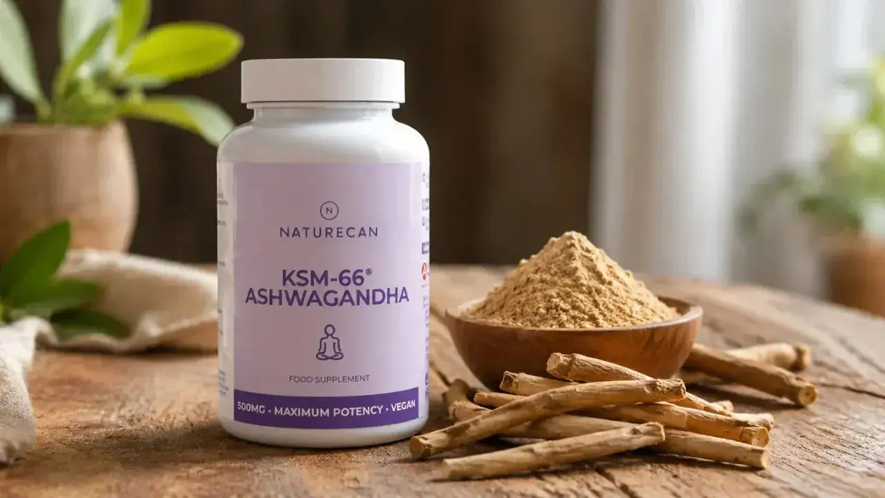 Naturecans KSM-66 Ashwagandha-kapslar, en naturlig hj&auml;lp f&ouml;r klimakteriet. Pulver och r&ouml;tter syns bredvid flaskan.