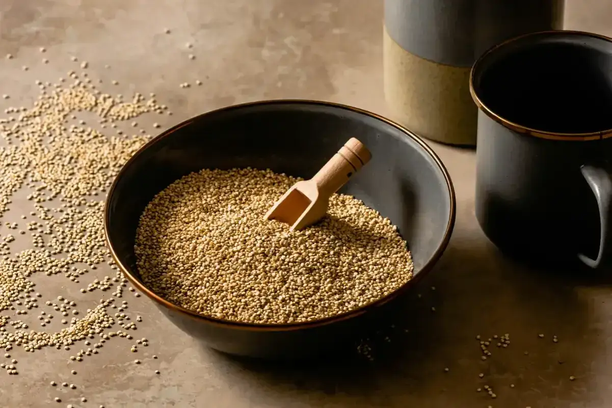 En sk&aring;l med quinoa, en n&auml;ringsrik k&auml;lla till kolhydrater, med en tr&auml;skopa. Bredvid st&aring;r en mugg och en beh&aring;llare.