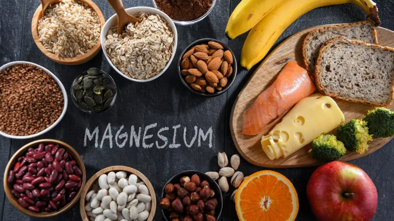 Magnesium &auml;r viktigt! Bilden visar livsmedel rika p&aring; magnesium: lax, n&ouml;tter, b&ouml;nor, havre, broccoli, banan, &auml;pple, apelsin och fullkornsbr&ouml;d.