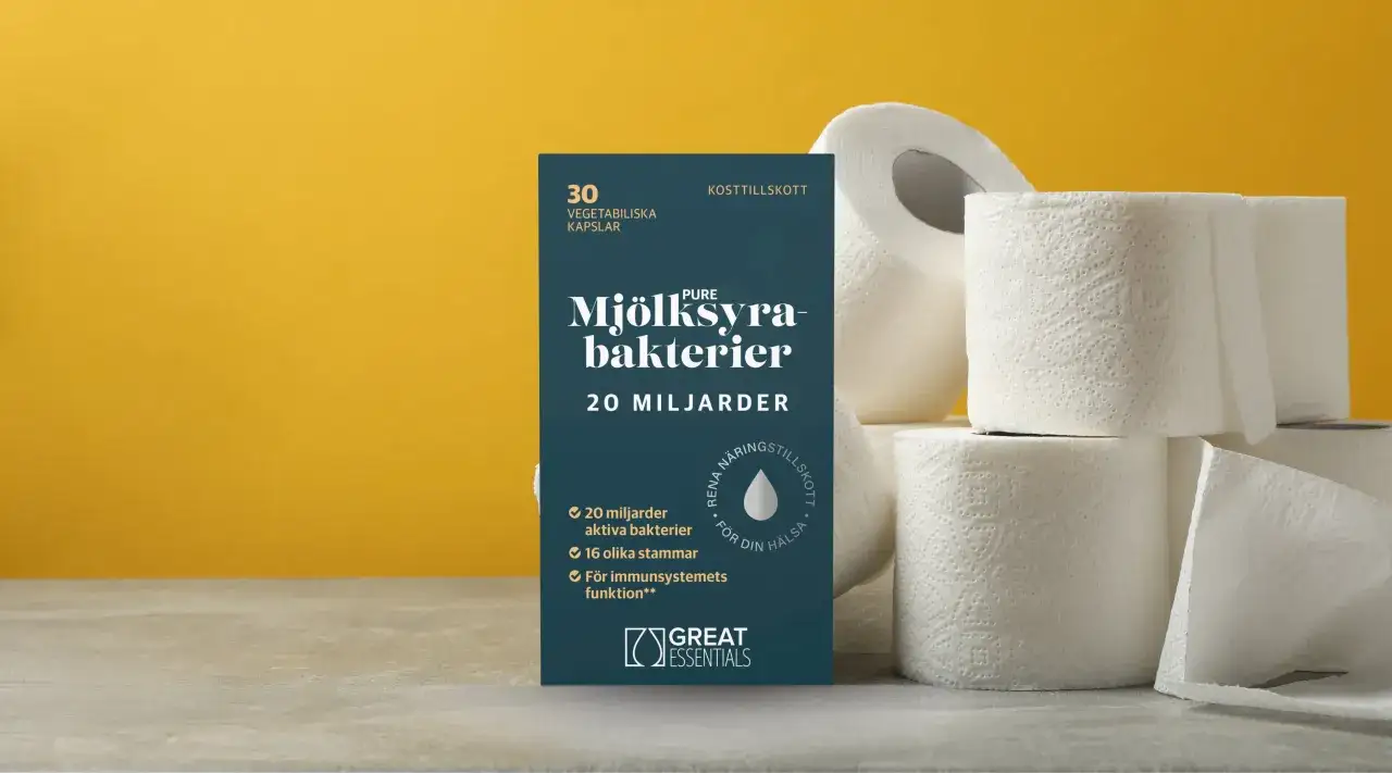 F&ouml;rpackning med mj&ouml;lksyrabakterier och toalettpapper. Kan hj&auml;lpa mot magproblem, men biverkningar kan f&ouml;rekomma.