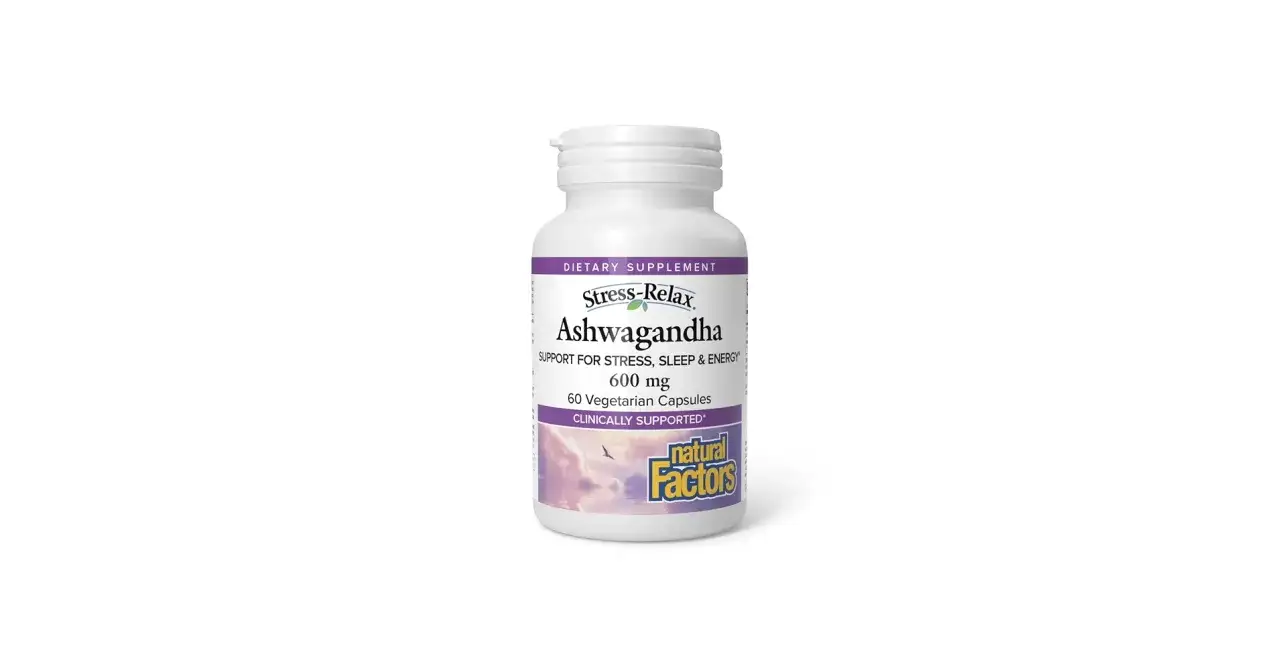 Flaska med kosttillskottet Ashwagandha fr&aring;n Natural Factors, 600 mg. St&ouml;d f&ouml;r stress, s&ouml;mn och energi, baserat p&aring; ashwagandha studier.