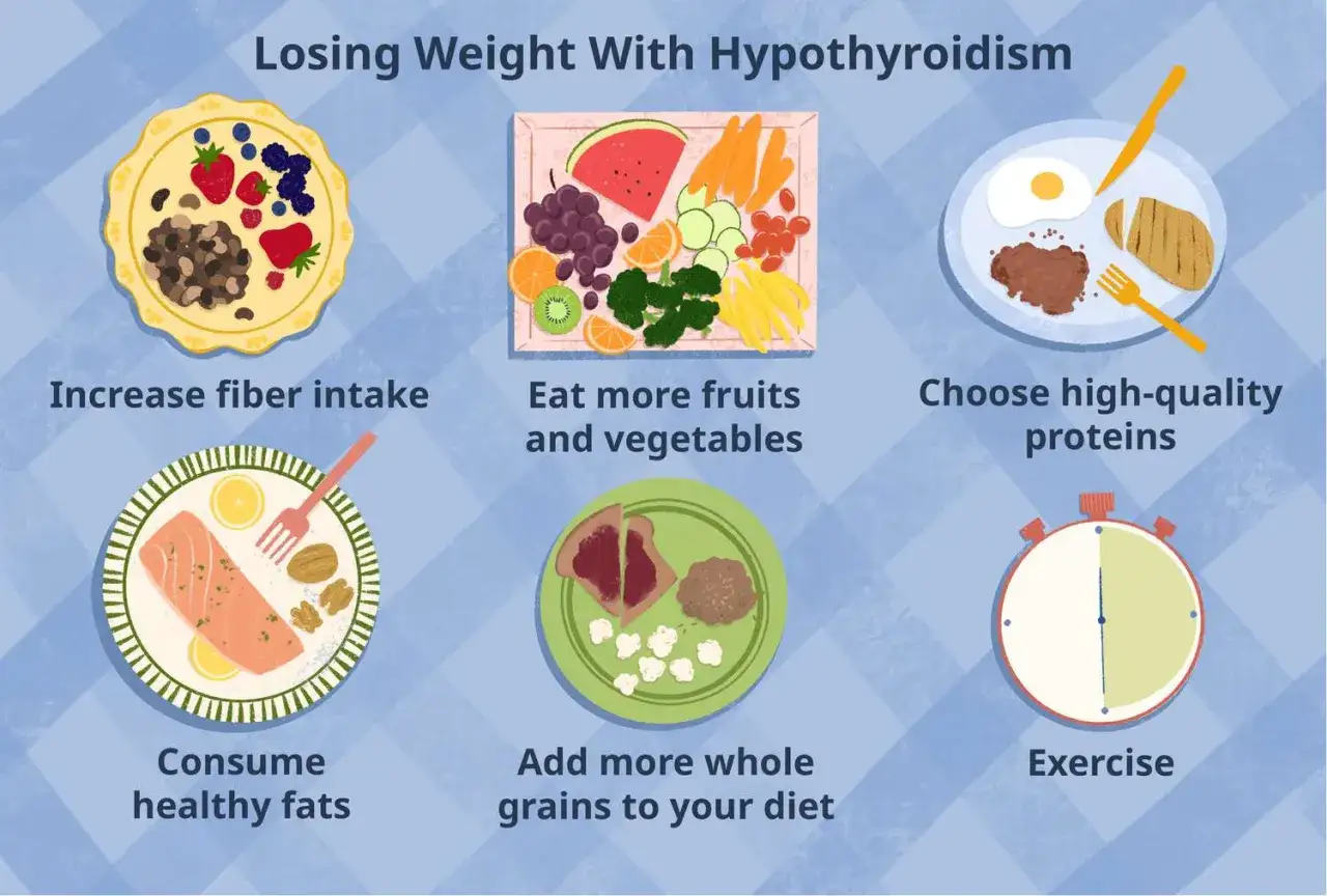 Tips f&ouml;r hypotyreos behandling viktnedg&aring;ng: &ouml;ka fiberintag, &auml;t frukt & gr&ouml;nt, v&auml;lj protein, h&auml;lsosamma fetter, fullkorn & tr&auml;na.