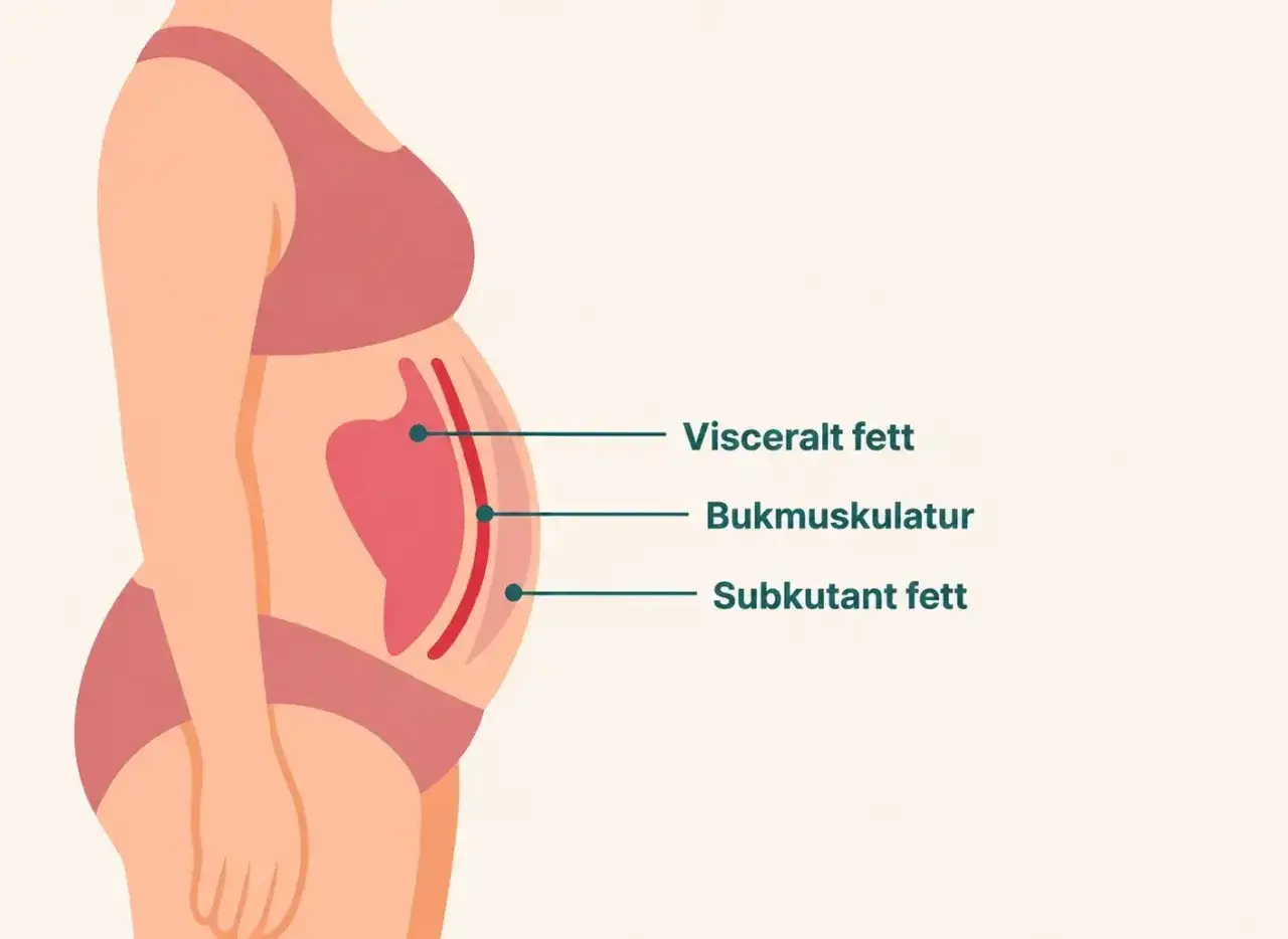 Illustration visar hur visceralt fett, bukens muskler och subkutant fett &auml;r f&ouml;rdelade. H&ouml;ga kortisolniv&aring;er kan bidra till &ouml;kat fett runt magen.